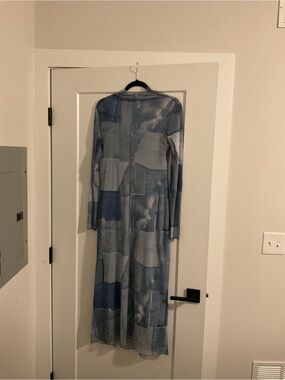 Zara Long Sleeve Patchwork Denim-Effect Maxi Dress - Blue